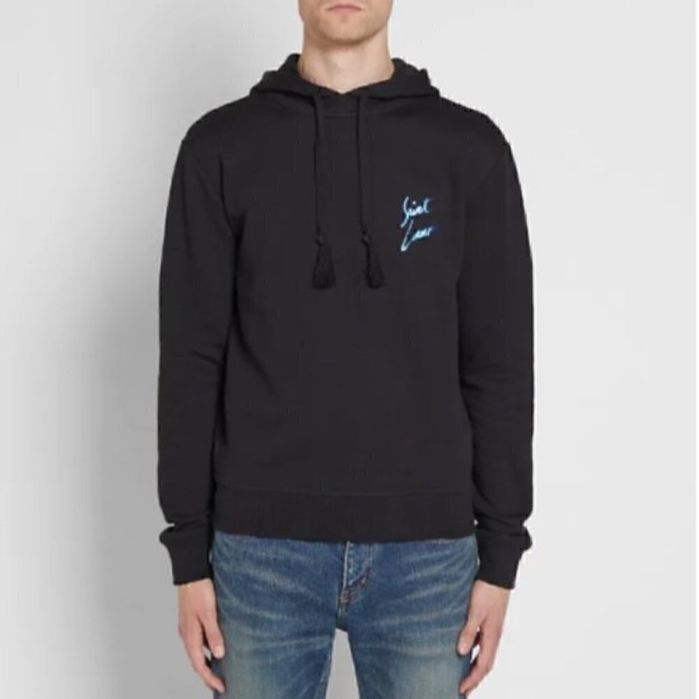 Saint Laurent Black Signature Script Cotton Hoodie - S/M, Authenticated!